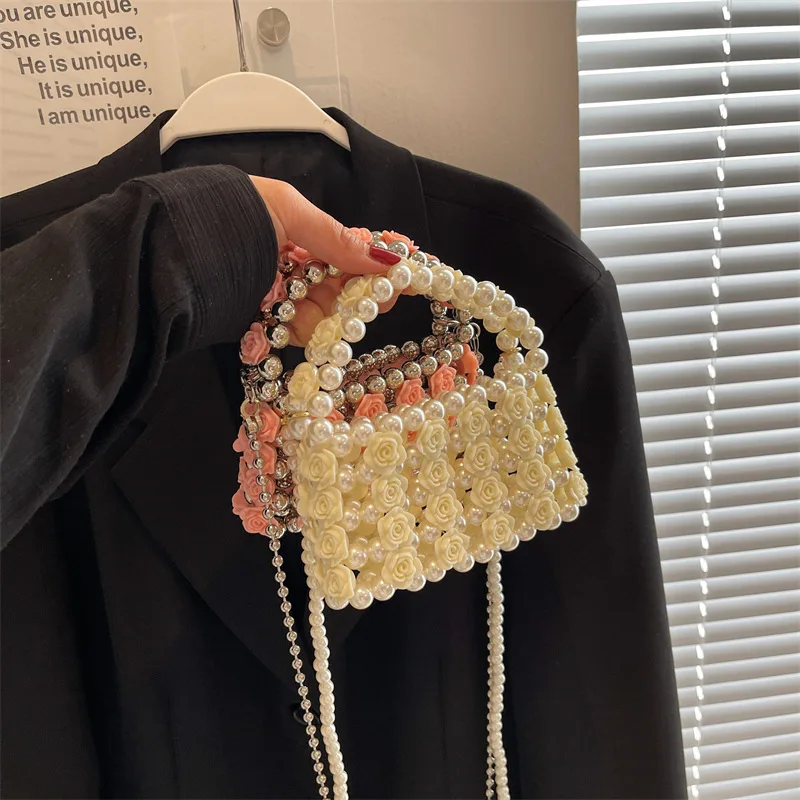 

Rose Pearls Bags for Women Handmade Woven Evening Handbags and Purses Flower Shoulder Bag Hollow Crossbody Bag Mini Party Clutch