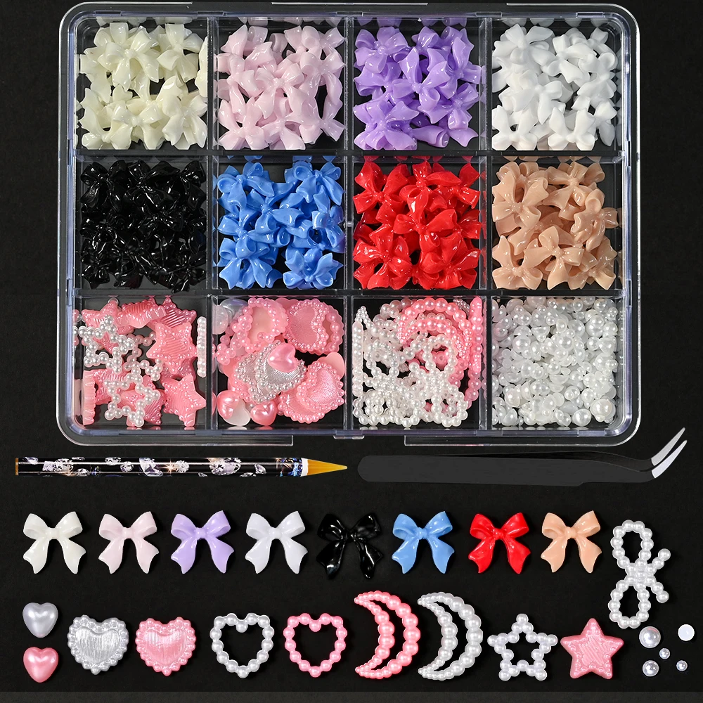 12Grids/Box Mixed Resin Bowknot Nail Charms 3D Colorful Bow Kawaii Rhinestone Nail Art Decorations DIY Manicure Parts Pen Tweeze 4
