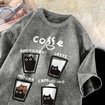 American Retro Trendy Cat Cotton T-shirt Men Women Summer Loose Couple Short Sleeve Tops Harajuku Y2k Vintage Water Washing Tee 1
