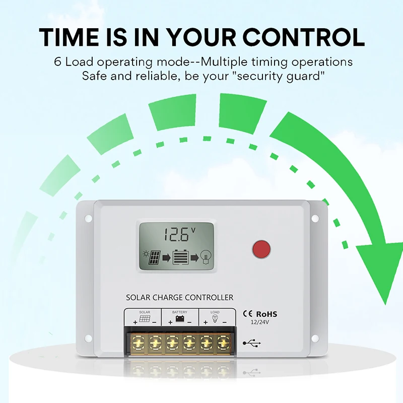 Контролер сонячного заряду 10A, сонячний контролер Bateria Power 24V PWM з РК-дисплеєм, подвійний USB, кілька режимів керування навантаженням для