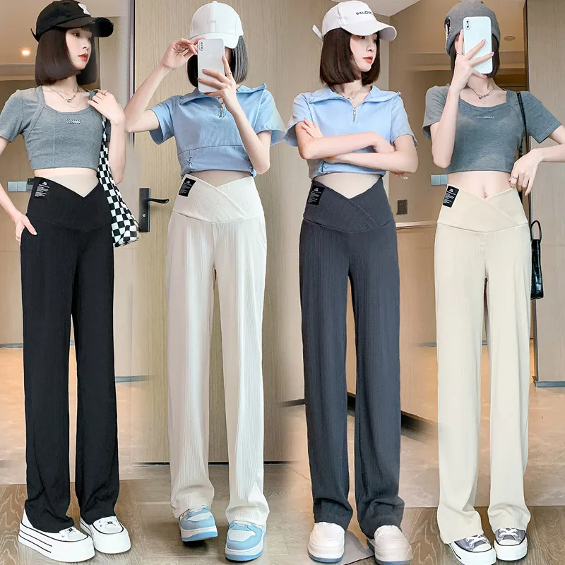 Maternity Straight Pants Summer Thin Cool Cotton Low Waist U Belly Clothes For Pregnant Women Wide Leg Loose Pregnancy Trousers