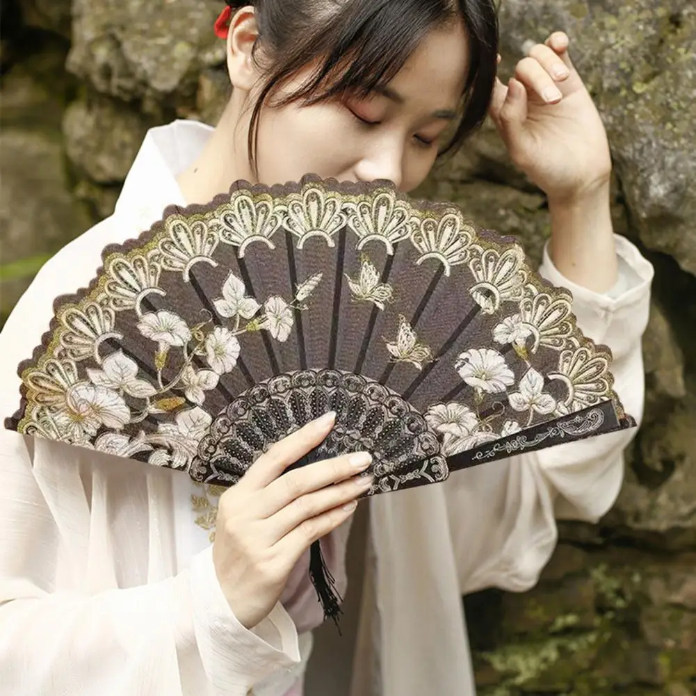 Handheld Fan Vintage Style Bright Color Flower Pattern Cloth Retro Chinese Style Folding Fan Photography Prop