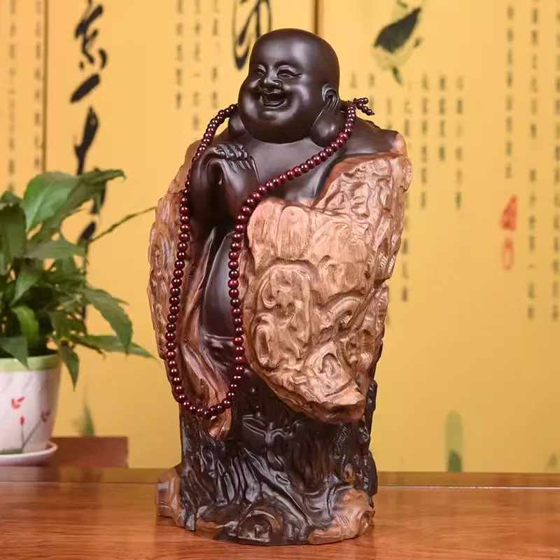 Black Sandalwood Carving Maitreya Buddha Root Carving Ornaments, Smoking Buddha Handicrafts, Home Entrance Decoration