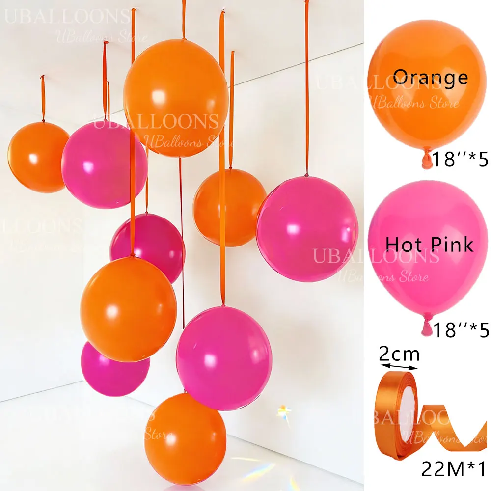 Vibrant Orange and Hot Pink Balloons with Satin Ribbon Bows - Set of 10 for Celebrations and Decor