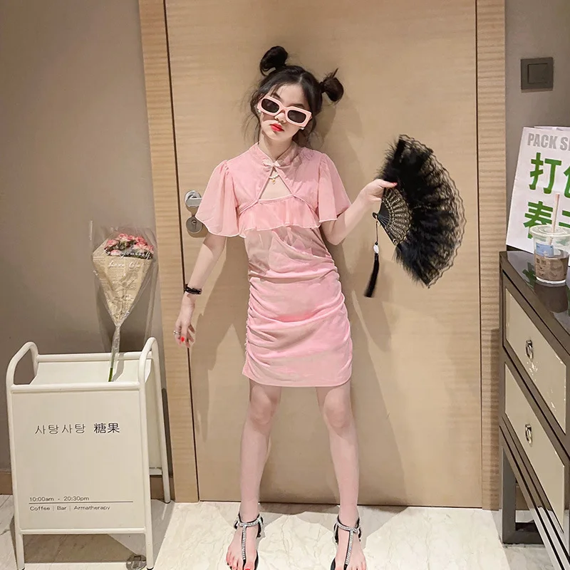 

Fashionable Children's Clothing Girls Summer Casual New Shawl Design Sheath Dress Streetwear Costume Pink Skirt Teen Wear 4-14 Y