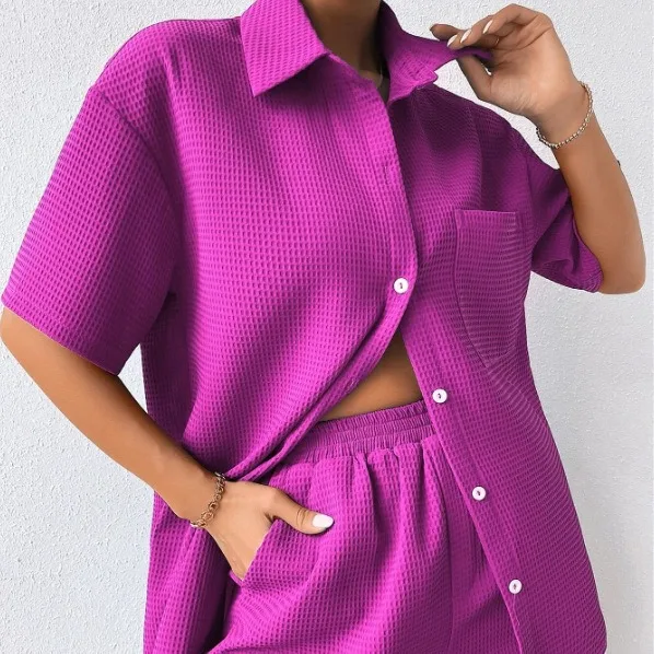 Women Two Pieces Suits Turn Down Collar Short Sleeve Blouses Top With Mini Shorts Summer  Casual Home Clothes Ladies Outfits