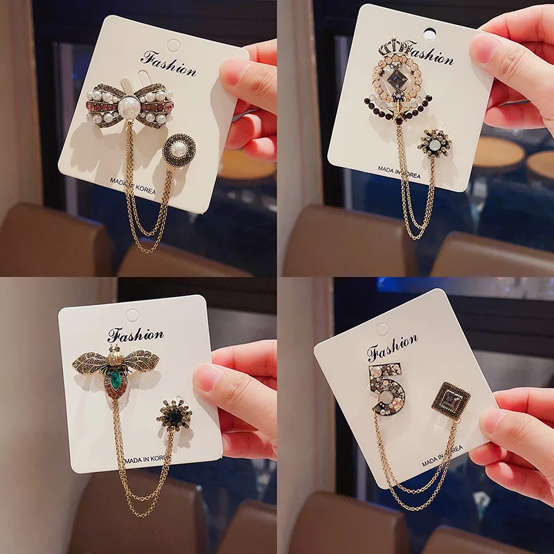 小林モー子ピンズ SHMIK Vintage Bee 5 Number Chains Crsytal Brooches Badges