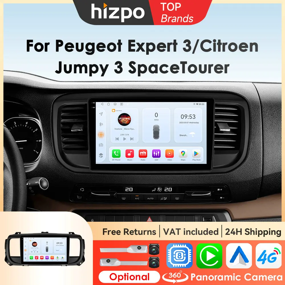 Hizpo Stereo-Empfänger für Peugeot Expert 3 Citroen Jumpy 3 SpaceTourer 2016–2021 Android Auto GPS Navigation Auto spielen 360 CAM