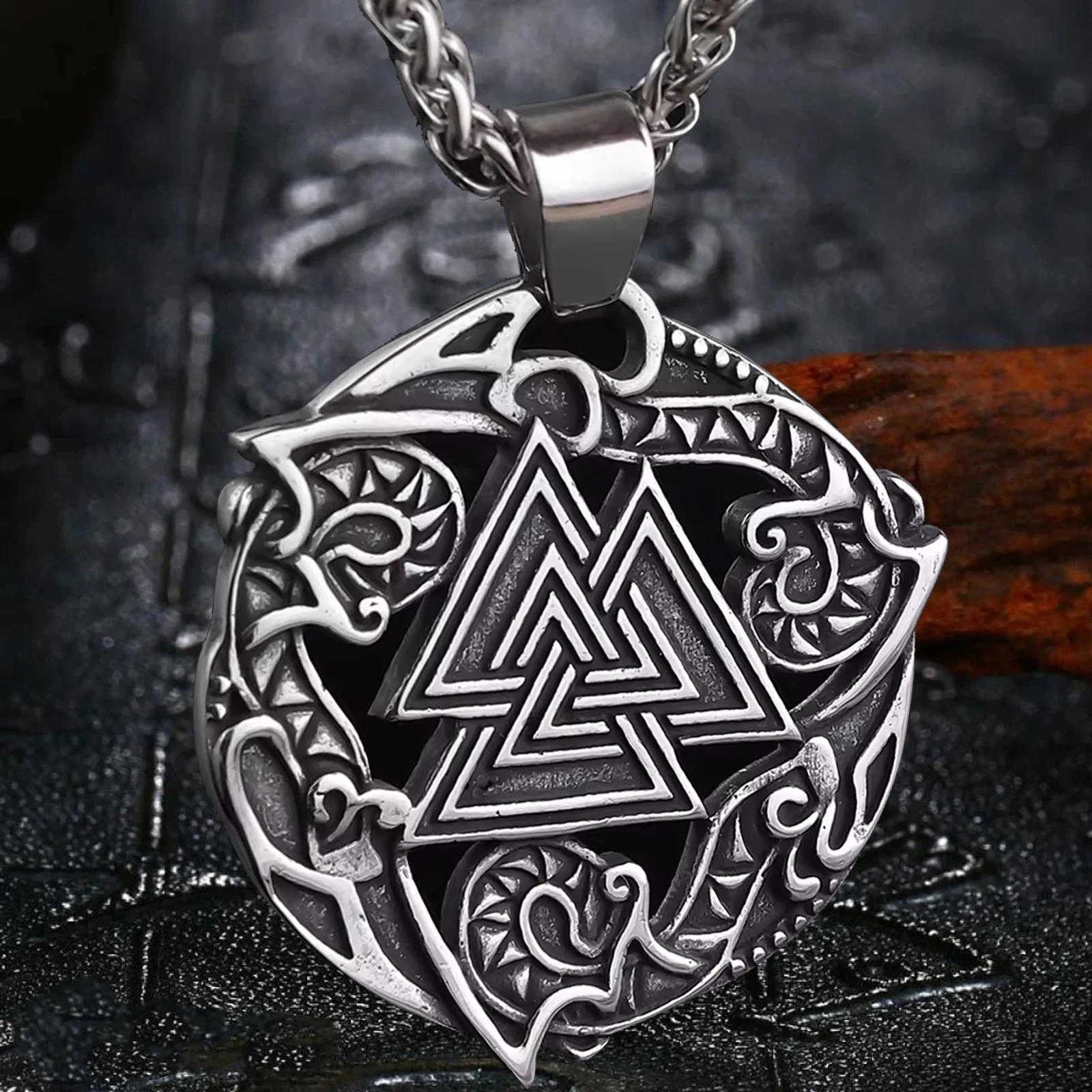 Viking Pagan Amulet Jewelry Raven Crow Triangle Pendant Life Of Flower stainless steel Necklace Men Gifts