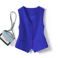 Gilet pour femme 2026, nouvelle collection printemps-automne, coupe ajustée, couleur unie, poches, col en V, gilet court, vêtements pour femmes 1