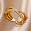 Bagues ajourées en chaîne pour femmes, couleur or, acier inoxydable, Zircon, croix ouverte, tendance, bijoux esthétiques de mariage, cadeau