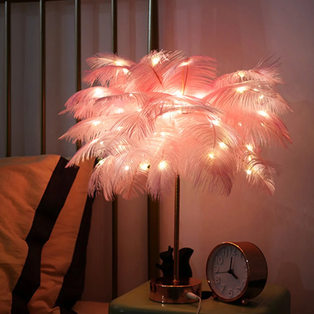 LED Feather Bedside Table Lamp led bedside lamp Bedside Bedroom Desktop Nightstand Decoration Hotel Living Room USB Three-Color Night Light