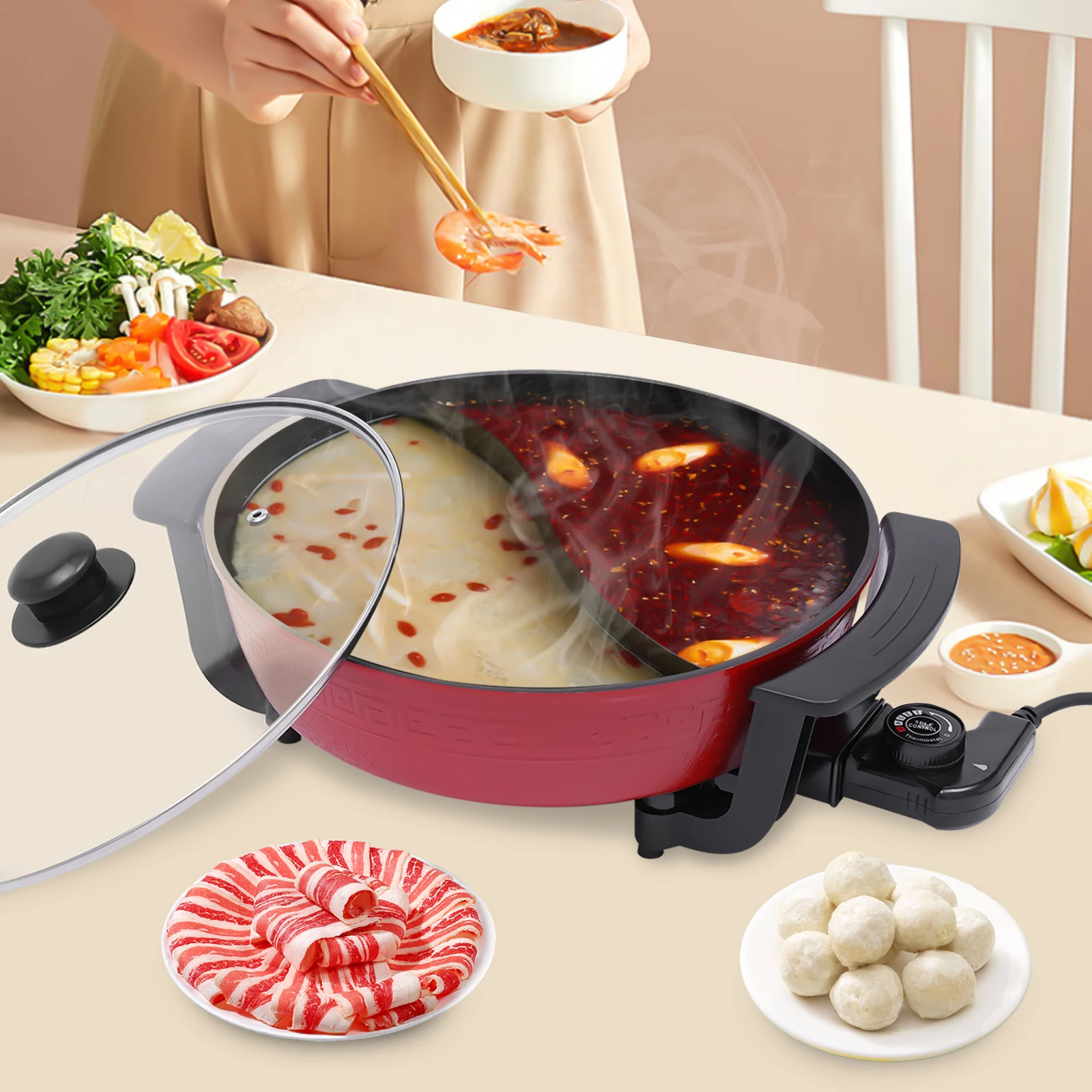6L Updated Hot Pot Double Sided Separable Cooking Pot 1360W Electric Hot Pot Fondue for 6 People w/Lid Hot Pot Fondue w/Divider