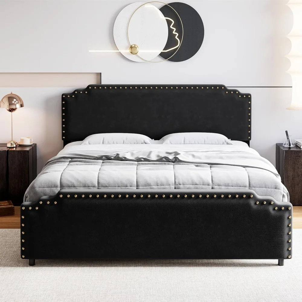 Queen Size Bed Frame w Headboard Velvet Upholstered Platform Bed w Rivet Decor Heavy Duty No Box Spring Needed Easy Assembly bed frame