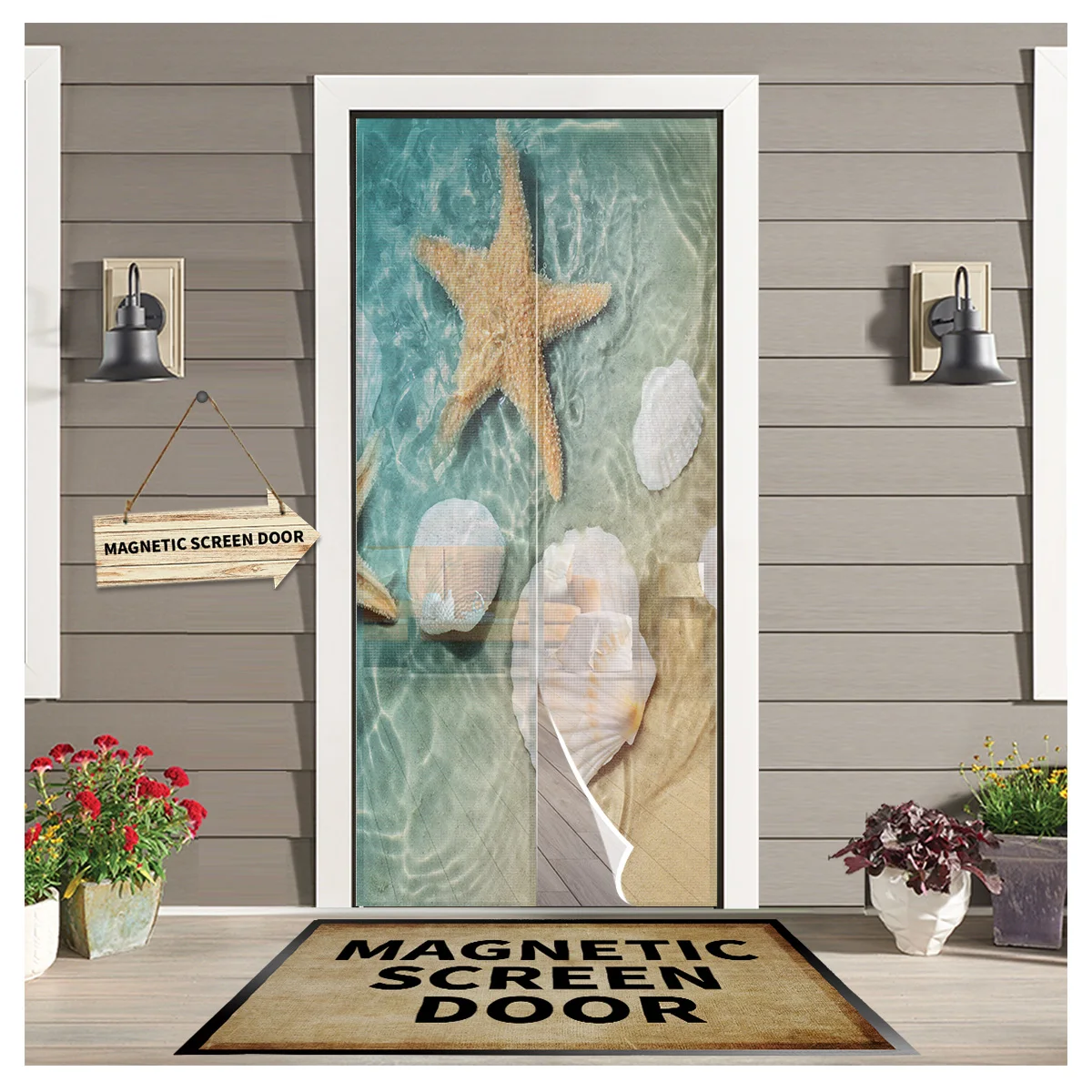 

Beach Sea Starfish Shells Green Kitchen Door Curtain Mosquito-proof Window Screen Bedroom Magnetic Door Curtain