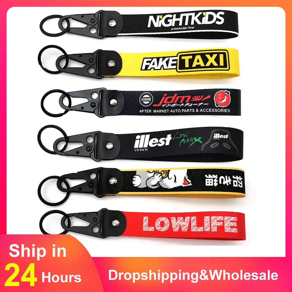 

JDM Style Car Keychain Nylon Low Life Fake Taxi Gift Lanyard Keyring Auto Key Steel Spring Clip Key Starp Key Pendant Lucky Cat