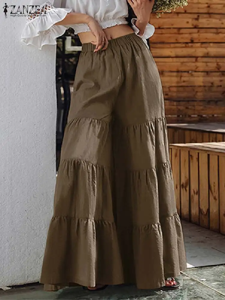 

ZANZEA Summer Holiday Beach Pantalon Bohemian Flare Palazzo Women Elastic Waist Solid Loose Pants Fashion Wide Leg Trousers 2023