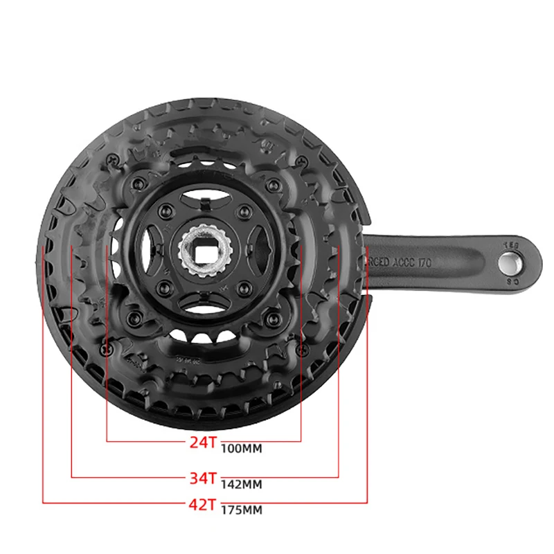 PROWHEEL Fahrradkurbelgarnitur 24-34-42T 28-38-48T 7/8/9 Geschwindigkeit MTB Fahrradkurbelgarnitur 170mm Vierkantloch Fahrradkettenrad – Detail 8