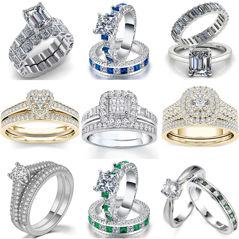 2 Pcs/set Temperament Crystal Cubic Zirconia Rings Set for Women Party