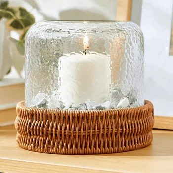 7" Decorative Clear Hammered Glass Hurricane Pillar Candle Holder with Brown Woven Base