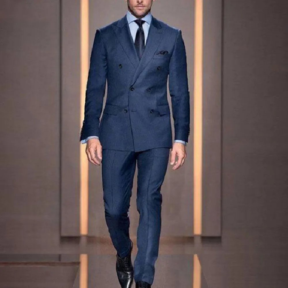 2024 New Custom Made Double Breasted Dark Blue Men Suits Casual Male Blazers Slim Fit Groomsmen 2 Pieces Costume men clothing