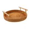 Round Handwoven Rattan Tray with Wooden Handle Handmade Rattan Food Plate Natural Simplicity Wear-resistant for Cake Snack Drink 5