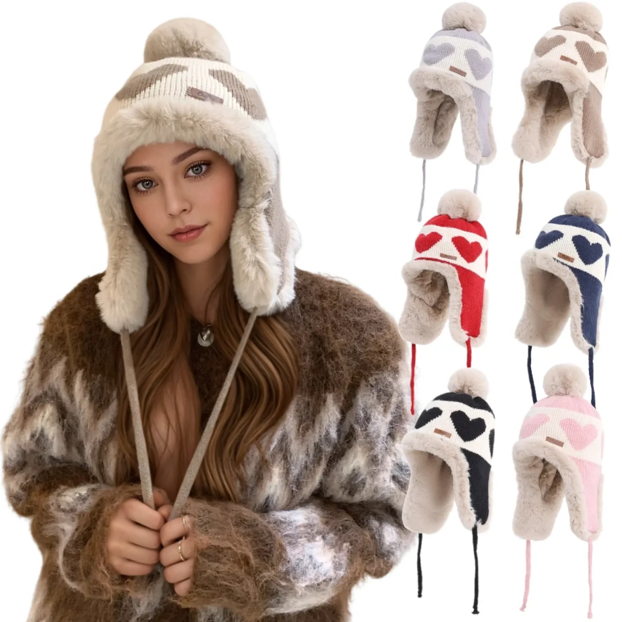 Hot Sale Women Cute Plush Winter Hat Love Print Pompoms Beanie Hats Lovely Ear Protection Cap For Girls