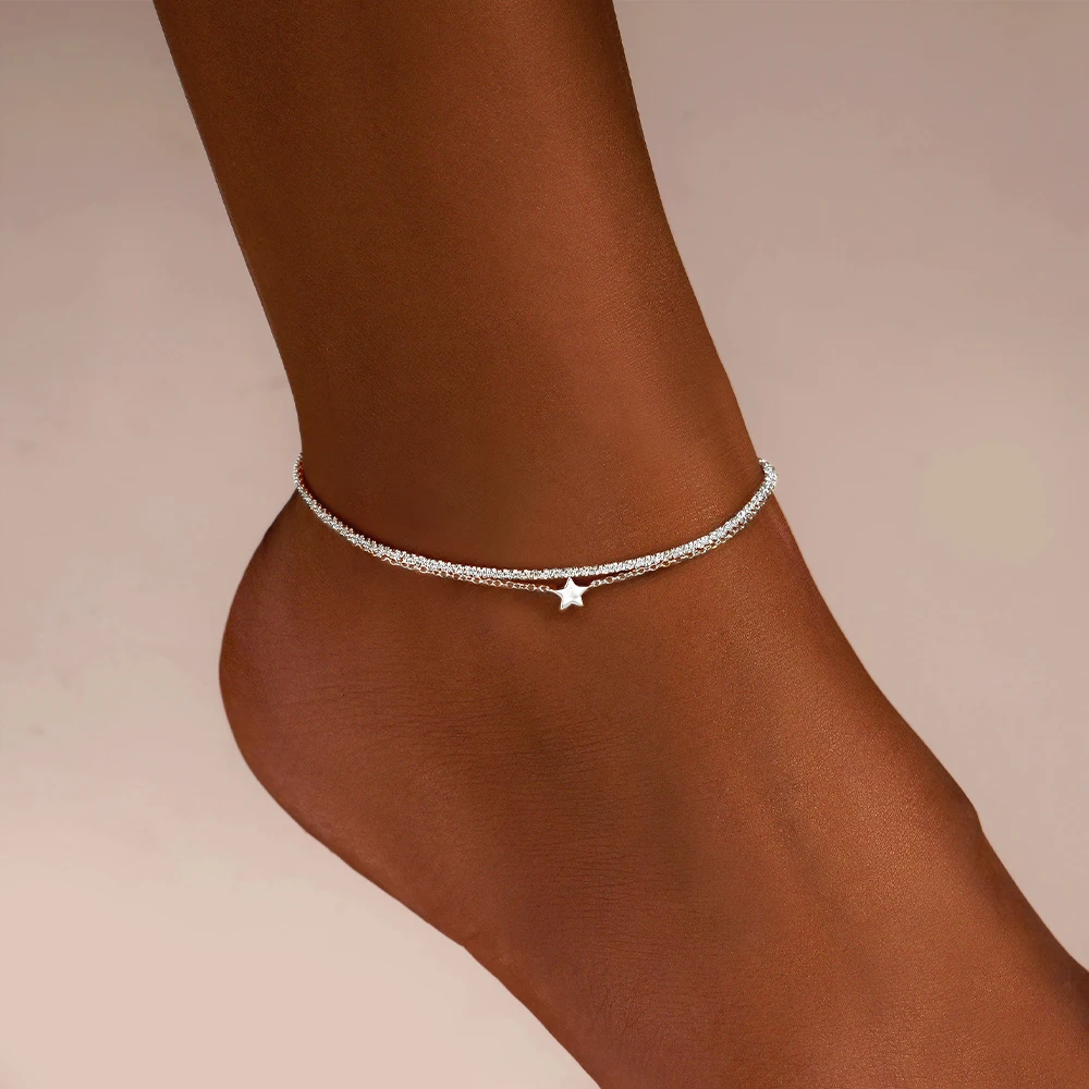 LENNIK 925 Sterling Silver Five Pointed Star Heart-Shaped Zircon Foot Chain Single Layer Bilayer Adjustable Pendant Ankle Chain