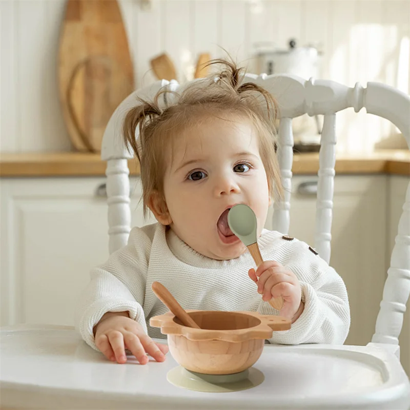 Baby Wooden Tableware Set Dinosaur Bamboo Wooden Plate Bowl Silicone Suction Wooden Handle Fork Spoon for Children Feeding Gift 5