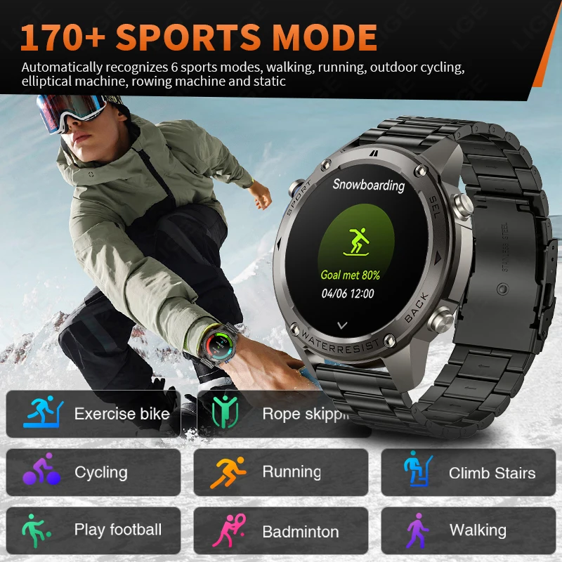 LIGE 5ATM Smart Watch 1.43" AMOLED Screen Voice Call Outdoor Sports Watches Men Waterproof 500mAh Battery Health GPS Smartwatch