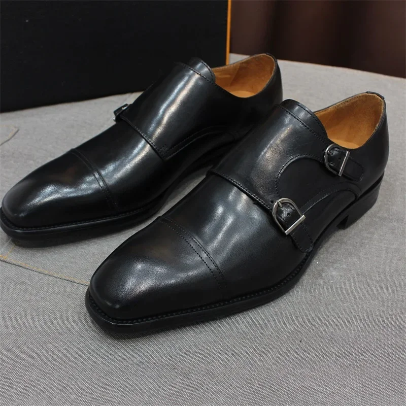 Luxury Handmade Genuine Leather Double Buckle Monk Shoes for Men
