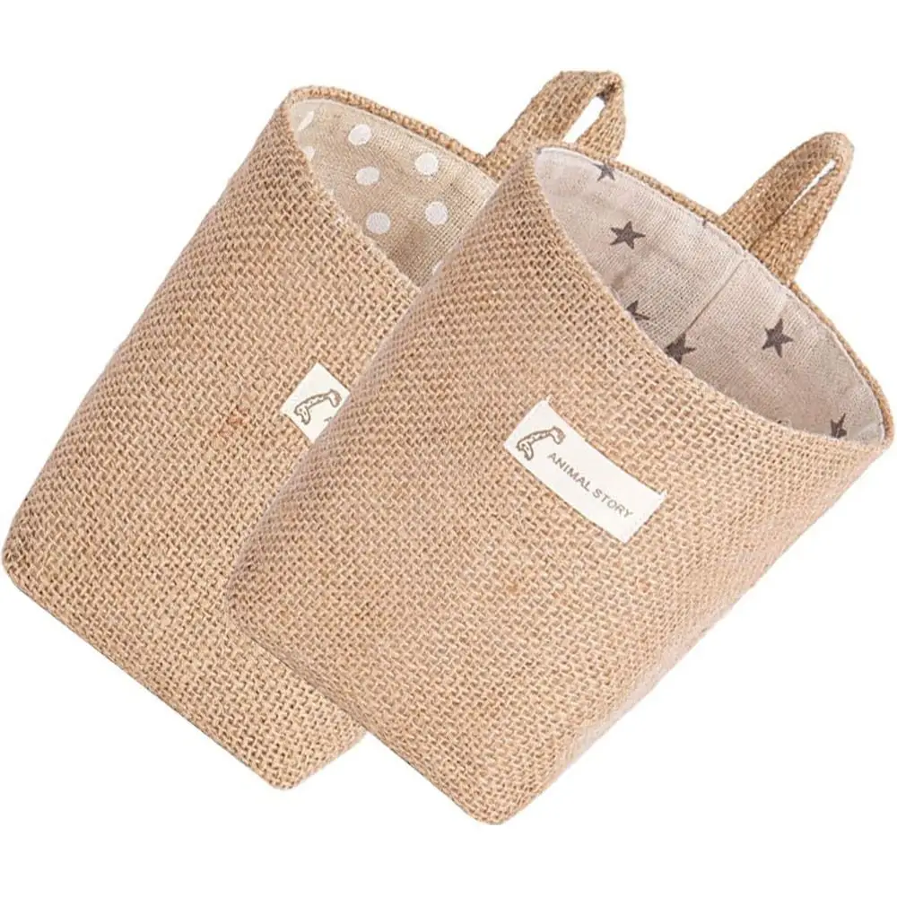 

2pcs Sturdy Linen Storage Bag Colorful Hangable Design Toy Storage Bucket Durable Portable Desktop Storage Basket