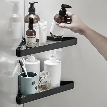 욕실 하드웨어 블랙 욕실 선반, 벽걸이 화장실 삼각대, 코너 선반, 유리 화장품 선반, 알루미늄 욕실 액세서리