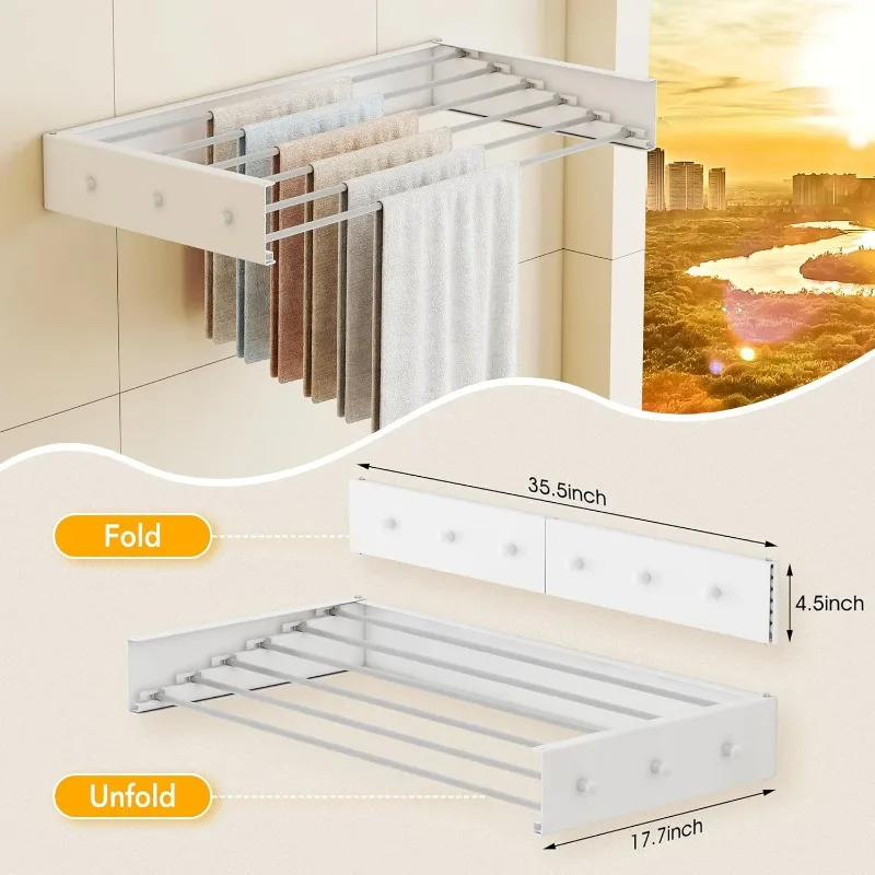 Upgrade Drying Rack Clothing,Clothes Drying Rack Wall Mounted,Laundry Drying Rack Wall Mount,6 Aluminium Poles,with Hooks 6