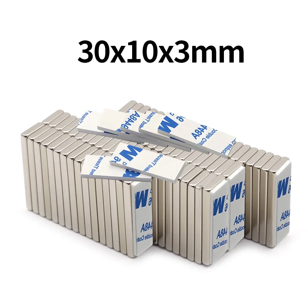 แม่เหล็กนีโอไดเมียมขนาด 30x10x3 มม. แรงสูงพิเศษ พร้อมกาวสองด้าน แม่เหล็กบล็อก NdFeB N35 แม่เหล็กติดตู้เย็นแรงสูง 1