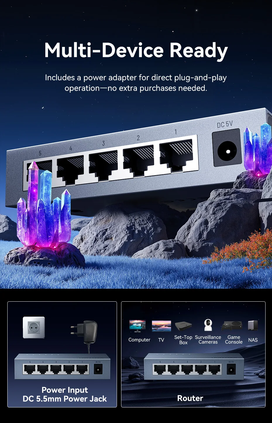 Ethernet Switch 1000Mbps 5 Port Network Smart Switcher for PC Router Lan Hub RJ4