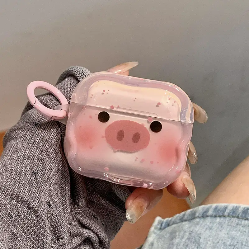 For AirPods 4 Pro 2nd Case Cute Cartoon Pink Pig Soft TPU Cover For AirPod 2 3 Wave Earphone Charging Box Beads Bow Keychain - Image 3