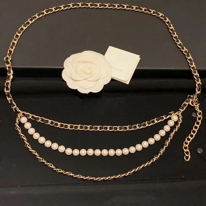

European and American black lambskin pearl waist chain belt