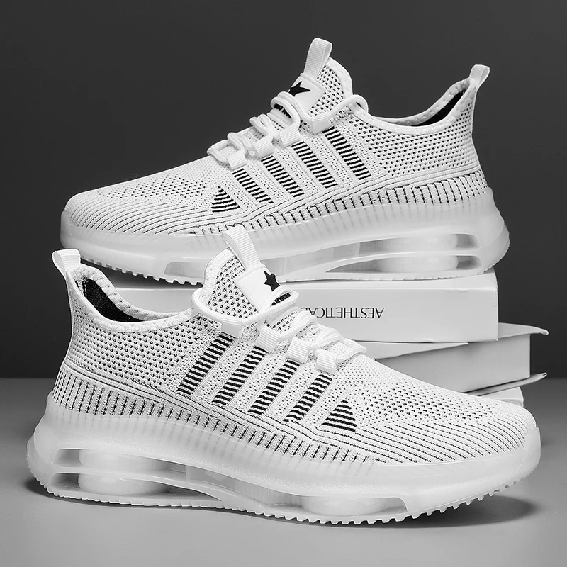 Men's Breathable Knitted Sports and Casual Sneakers - Lightweight Running Shoes with Pvc Cushioning, Lace Closure and Texture Grip, Bring All Day Plaid, Daily Sports Shoes | Fashionable Crossover Shoes | Comfortable Fit