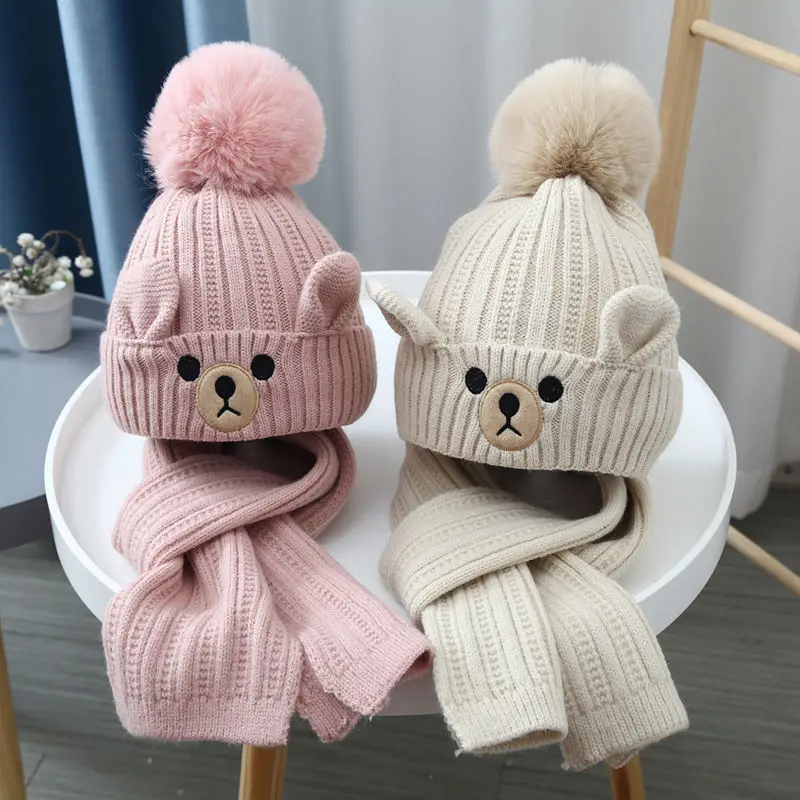 Children Girls Boys Hat Scarf Set Baby PomPom Beanies Hat Plus Velvet Kid Winter Warm Toddler Pullover Knitted Hat 3 5 7 9 Years images - 6