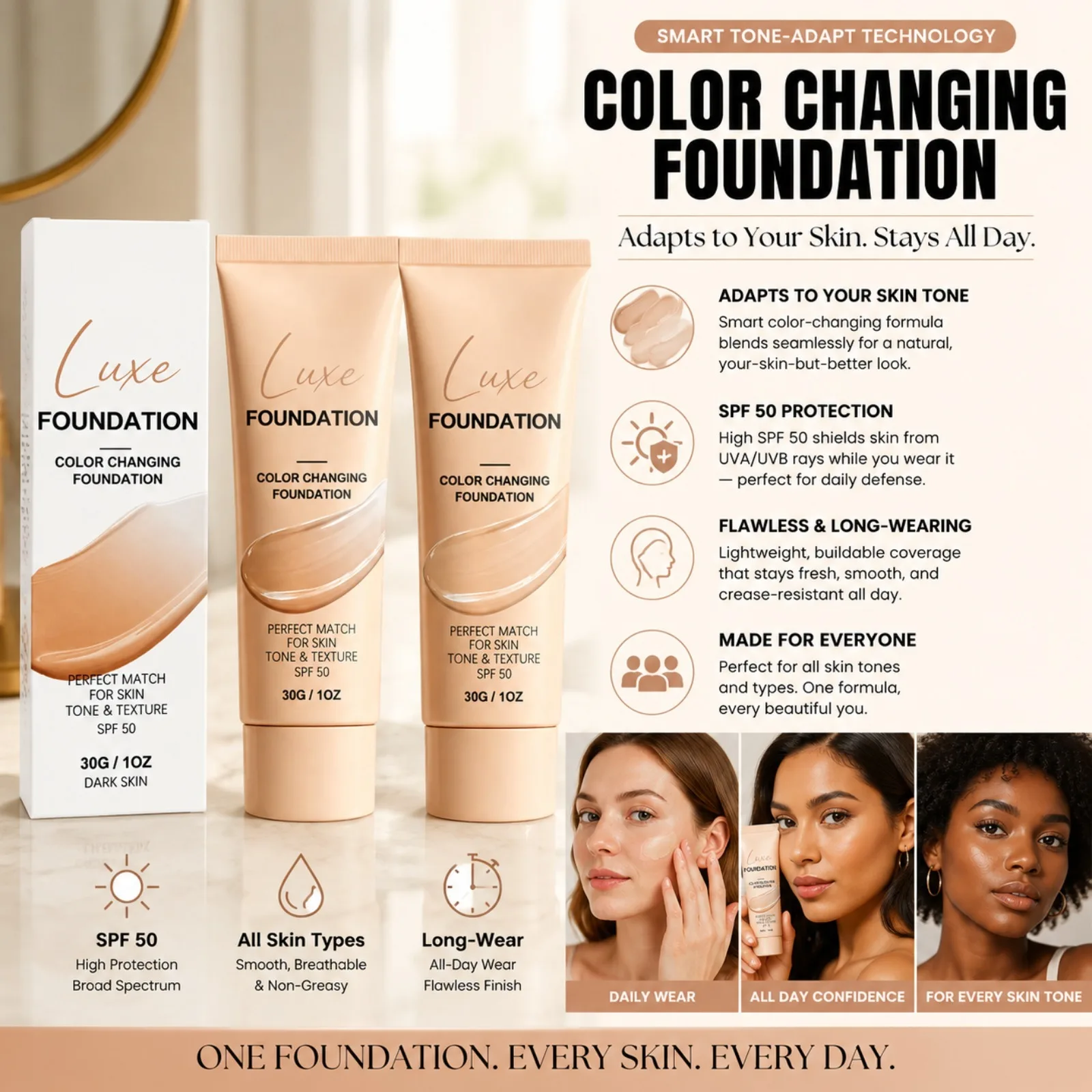 Fondotinta SPF 50 che cambia colore per nascondere le imperfezioni del viso, auto-regolante, si adatta al tono della pelle, trucco invisibile per il viso. - immagine 3