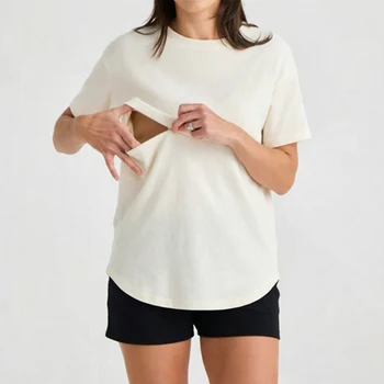 Summer plus Size Maternity Breastfeeding Tops Short Sleeve Cotton Lactation T-Shirt Zip Nursing Tees for Pregnant Women
