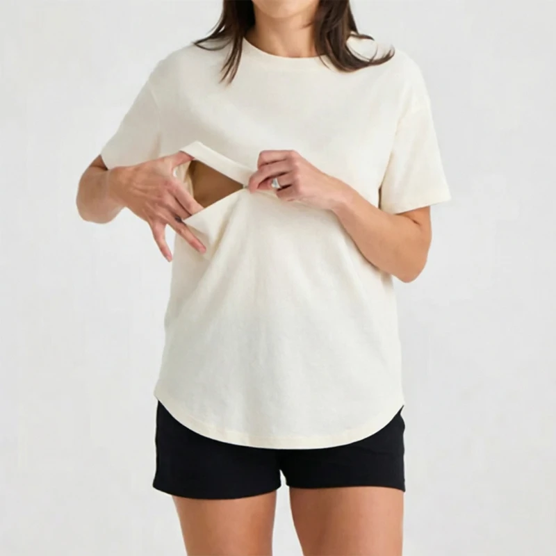 Summer Plus Size Maternity Breastfeeding Tops Short Sleeve Cotton Lactation T-Shirt Zip Nursing Tees for Pregnant Women