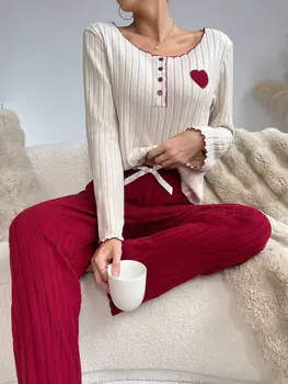 Autumn Winter Sleepwear Women Casual Pajamas Set Long Sleeve Heart Printd Tops and Long Trousers Homewear Loungewear 1