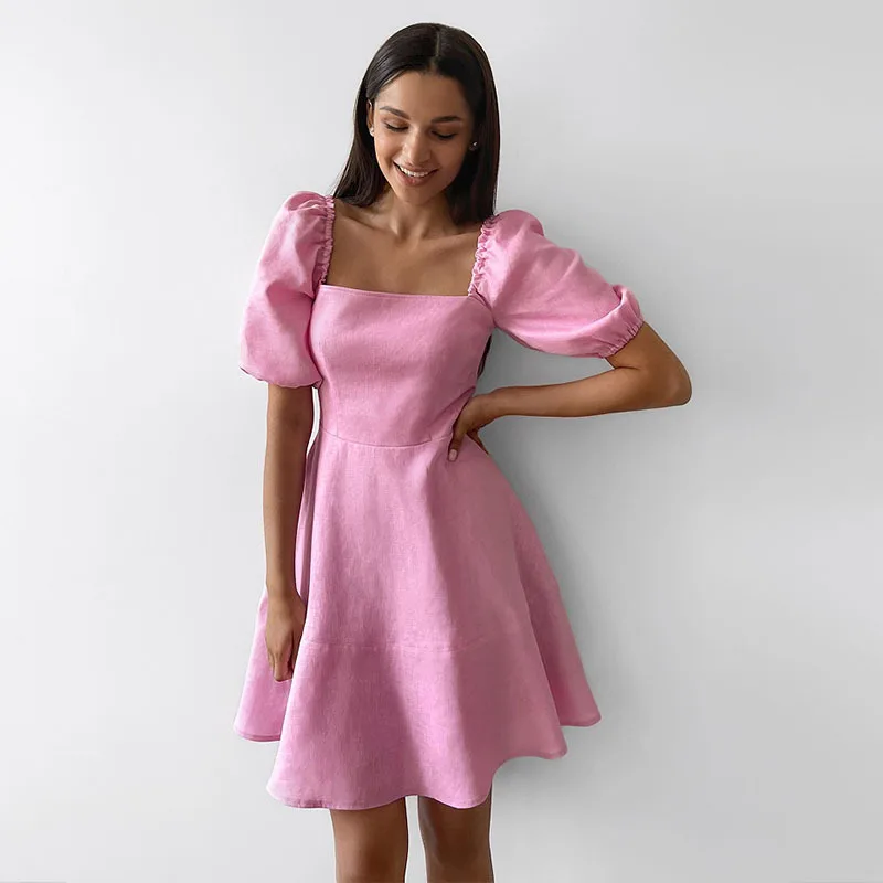 

WildPinky Sexy Summer Women Mini Dress Solid Elegant Square Collar Female Puff Sleeve A-line Party Club Dress Ladies Vestidos