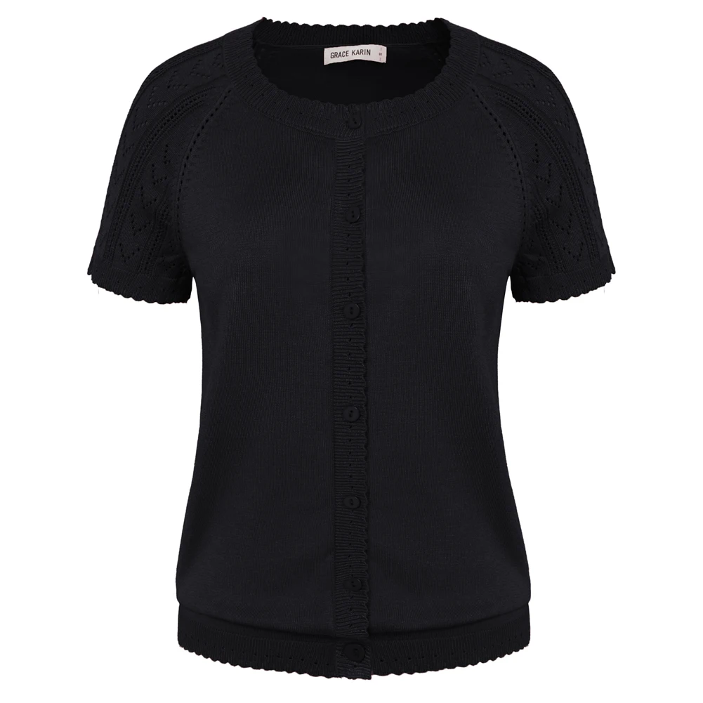 

Grace Karin Women Raglan Sleeve Cardigan Crew Neck Button-up Sweater Short Sleeve Hollow Knitwear Loose Elasticity T-shirt