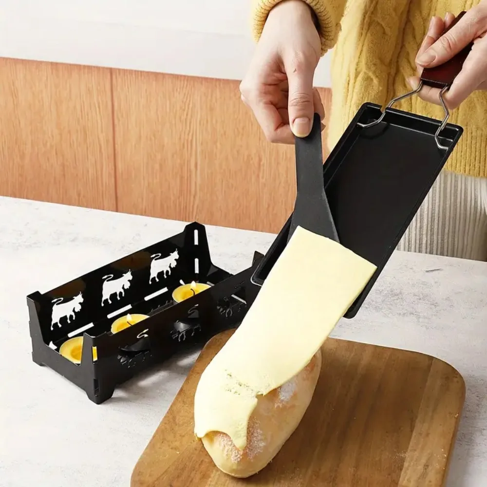 Rectangle Cheese Raclette Stove Set Carbon Steel with Candle Cheese Melting Tray with Shovel Non-Stick Grill Plate