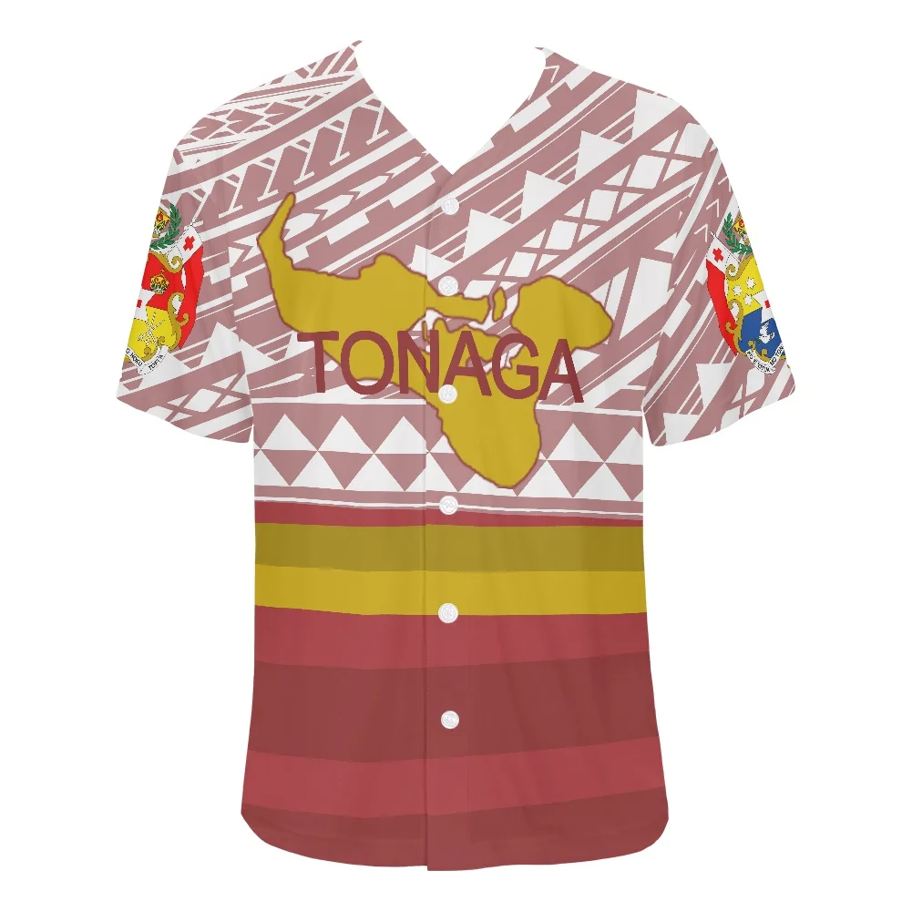 

New Design Men's Sportswea Polynesian Traditional Tribal Tonga Flag Print Shirt O Collar Short Sleeve Breathable Baseball Shirt