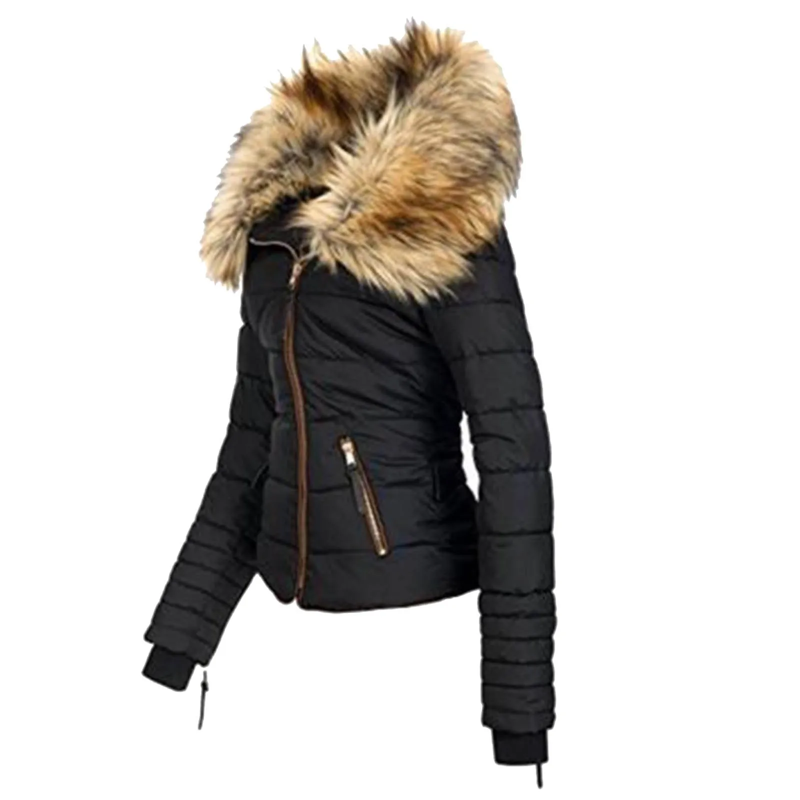 Women's Black Down Jackets Winter Warm Thicken Fur Hooded Parkas Waterproof Diamond Padded Cotton Jackets Fashion Down Coats