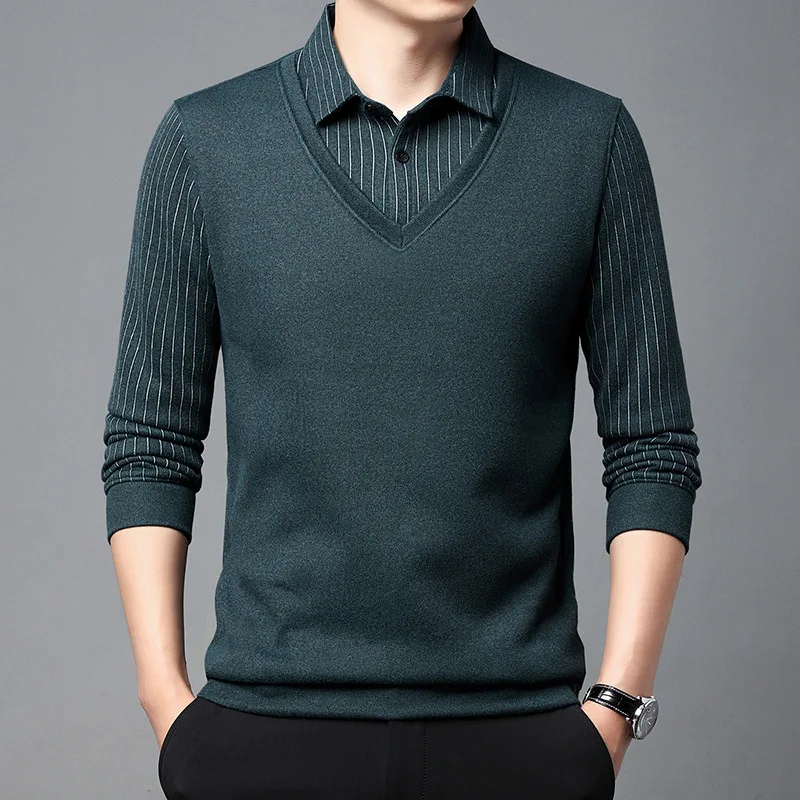 Young and Middle-Aged New Men's Knitted False Two Pieces T-shirt Slim Fit Lapel Bottoming Shirt Collar Polo Shirt